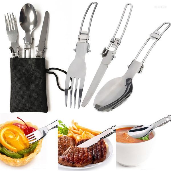 Set di stoviglie Zaino per pentole Cucchiaio Forchetta Piega in acciaio inossidabile Coltello Utensile Cucchiaio Set Combo Picnic Campo Posate Posate per la tavola