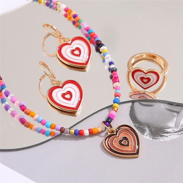 Collana di orecchini con anello color oro a forma di cuore per le donne, regalo per feste di gioielli con perline colorate bohémien