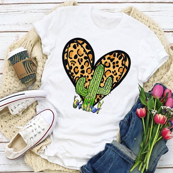 Kadınlar tişörtleri gömlek sevimli kaktüs leoparı loveheart tshirt kadın kıyafetler bitki pot baskı femme grafik moda çiçekleri üstleri tees