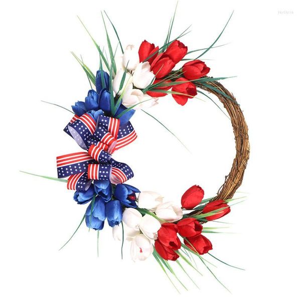 Fiori decorativi Porta patriottica Corona Festa dell'indipendenza per il portico anteriore della ghirlanda di fiori rossi bianchi e blu