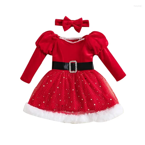 Платья для девочек Pudcoco, детский рождественский наряд для малышей, лоскутное платье с длинными рукавами и звездами, повязка на голову с бантом для вечеринки в честь косплея, 6 месяцев-4 года