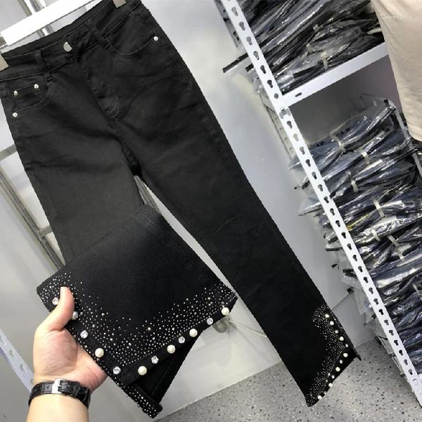 Jeans da donna Pantaloni lunghi a vita alta con straccio irregolare Pantaloni lunghi in denim a tutta lunghezza con diamanti in rilievo moda autunnale