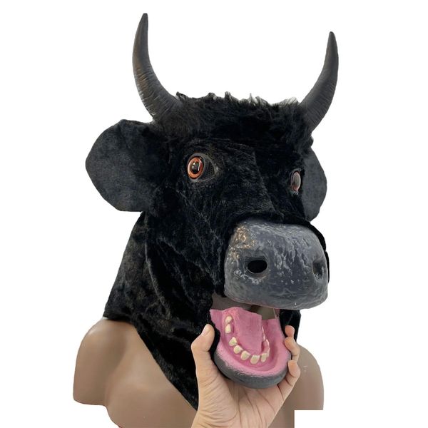 Maschere per feste Maschera di Halloween Realistico Bocca Mover Mucca - Py Moving Bl Fursuit Testa di animale Lattice di gomma Masque-Up Costume Cosplay Drop D Dhoic