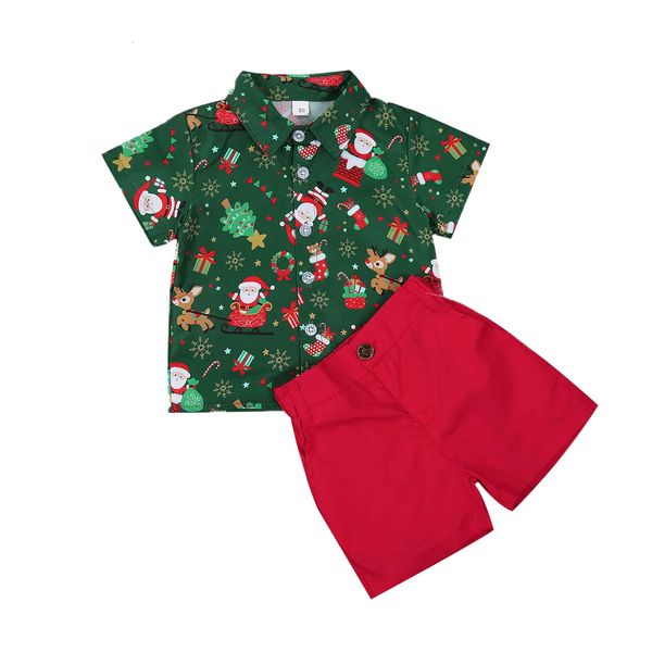 Conjuntos de roupas 0-6 anos bebê menino roupas de natal conjunto crianças manga curta impressão camisas criança shorts vermelhos gentalmen terno criança santa outfit 231122
