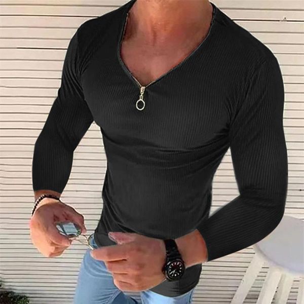 Мужские футболки, мужская сексуальная рубашка на молнии с v-образным вырезом, однотонная рубашка с длинным рукавом в рубчик, эластичная уличная одежда, осенняя облегающая футболка на молнии, верхняя одежда