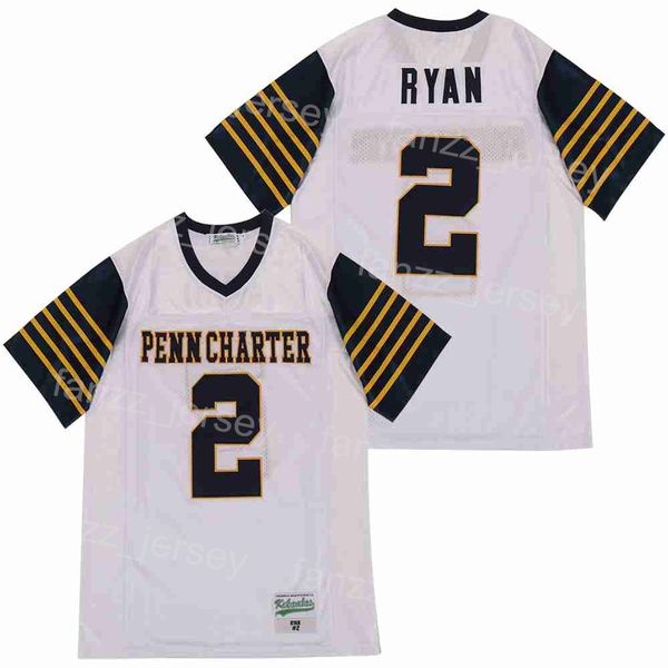 William Penn Charter Jersey High School Football 2 Matt Ryan College Respirável Pullover de algodão puro para fãs de esportes Bordado de hiphop time branco vintage