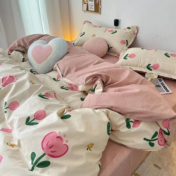 Conjuntos de cama Ins Rosa Tulip Set Floral Duveta Capa Plana Folha Fronhas Único Queen Size Meninos Meninas Sem Enchimento Home Têxtil 231122