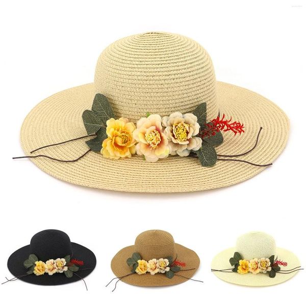 Berretti Lady Cappello di paglia Protezione solare estiva Berretto per il tempo libero Visiera parasole da donna a tesa larga Protezione ombreggiante con fiore Gorras L2