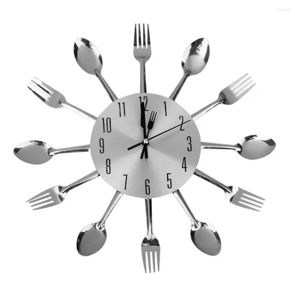 Настенные часы с ложкой и вилкой для украшения кухни-столовой (серебро)