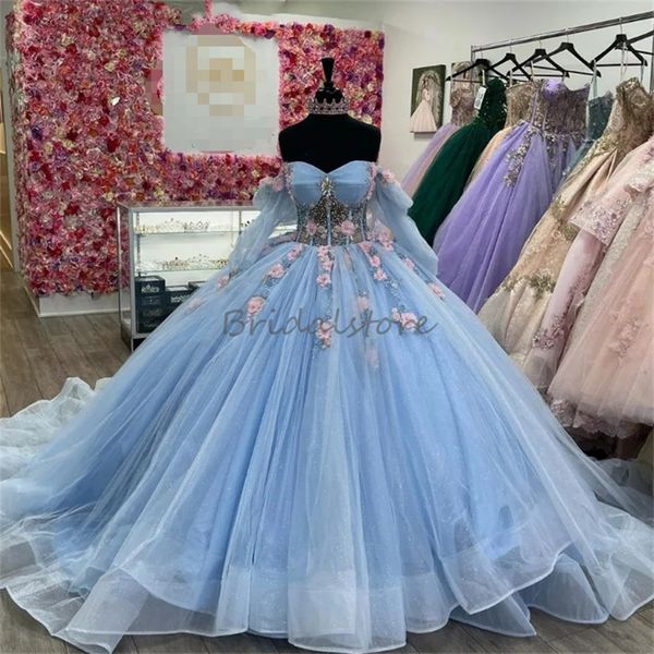 Hellblaue Quinceanera-Kleider mit rosa 3D-Blumen, Kristallperlen, Prinzessin-Geburtstagskleid, langärmelig, Vestidos De 15 Anos Fifteen, Sweet 16 Promdress Party 2024