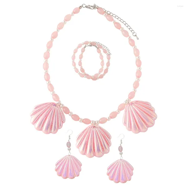 Halskette Ohrringe Set Mädchen Strand Schmuck Frauen Kostüm Halsketten Kleid Rosa Blume Muschel Armband Miss