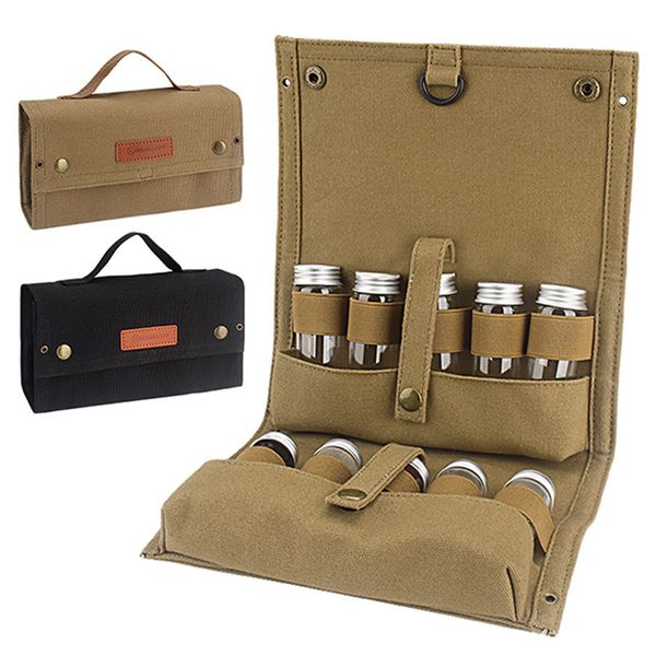 Kit de especiarias portáteis de acampamento com 10 potes de especiarias, organizador de bolsa de armazenamento de tempero de tela, garrafa de tempero de suporte de especiar