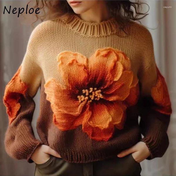 Maglioni da donna Neploe maglione lavorato a maglia stile cinese Mujer 2023 autunno fiori marroni pullover Y2k manica lunga oversize top donna