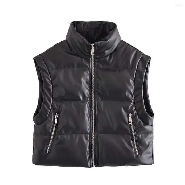 Gilet da donna Moda donna Similpelle Gilet corto invernale addensato Tasca con cerniera vintage Gilet femminile casual All-match Top chic