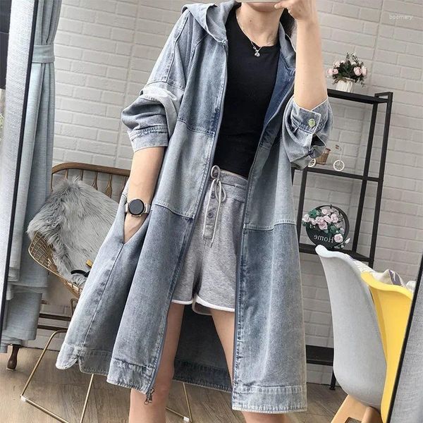 Mulheres Trench Coats Denim Casaco Mulheres Versão Coreana Mid-Comprimento Solto Moda Com Capuz Costura Oversized Overcoat Primavera Outono