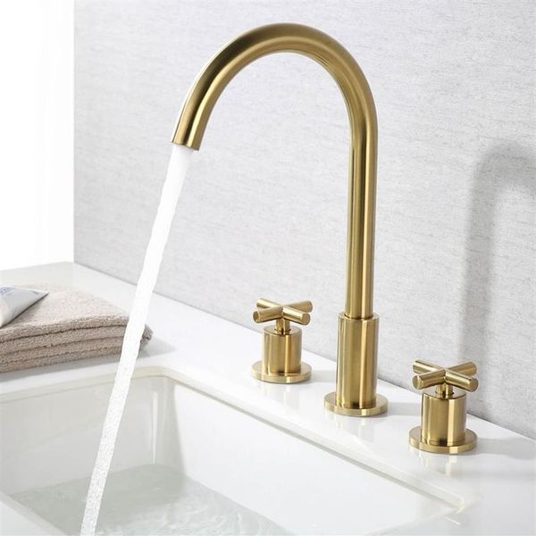 Rubinetti per lavabo a tre fori con doppia maniglia Rubinetto per lavabo da bagno con montaggio su piano in ottone dorato spazzolato e miscelatore per acqua fredda2854