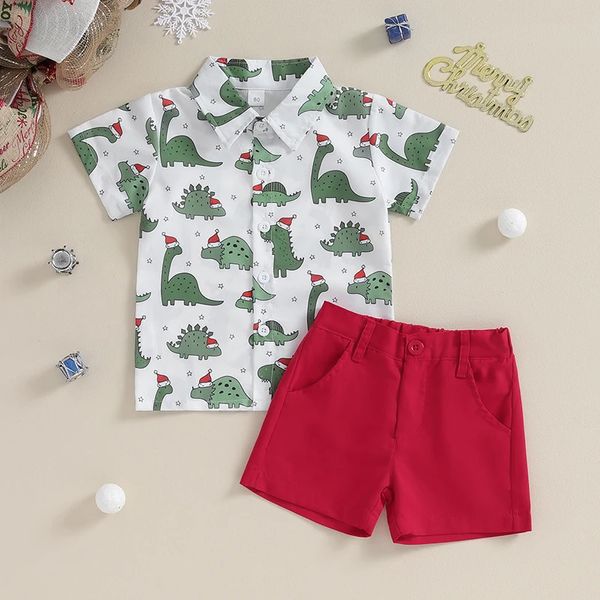 Conjuntos de roupas Citgeett Verão Natal Crianças Criança Menino Terno Cartoon Imprimir Botão Camisa de Manga Curta e Shorts Roupa Formal Roupas 231122