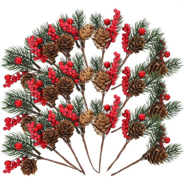 Dekorative Blumen, 10 Stück, für Weihnachten, künstliche Beeren, Stechpalmen, roter Zweig, Stiel, florale Tannenzapfenzweige, Girlande, Fichtendekoration