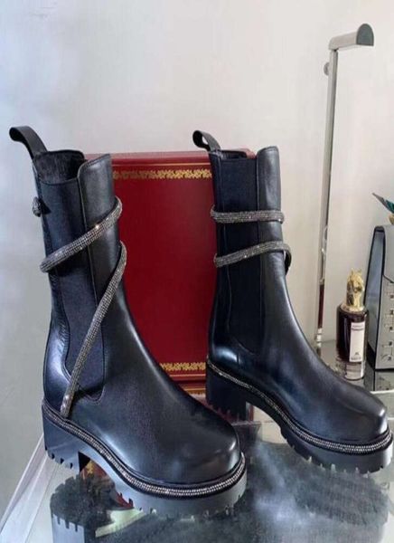 Strass Schlangen Strass Wraparound klobige Halbstiefel Martin Stiefel für Damen aus schwarzem Leder mit niedrigem Absatz, strapazierfähig, Luxus-Designermarken, verschleißfest