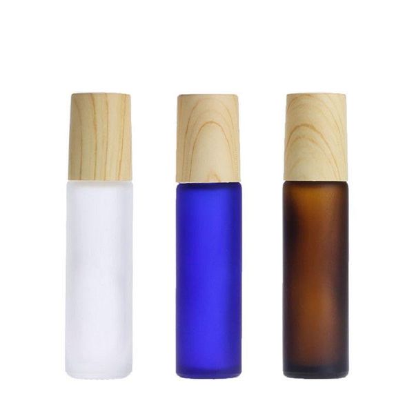 10ml âmbar azul claro rolo de vidro fosco em garrafa de óleo essencial frasco de perfume dispensador de viagem garrafa de rolo de aço bola de madeira grão ca rgxi