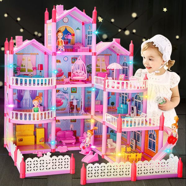 Puppenhaus Zubehör Prinzessin Big Villa DIY Puppenhäuser 3D-Beleuchtung Rosa Schloss Spielhaus mit Rutsche Yard Kit zusammengebautes Puppenhaus Spielzeug Geschenk für Mädchen 230422