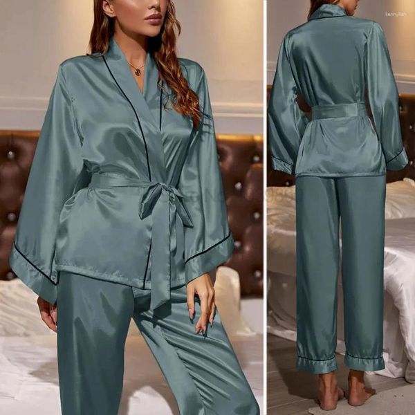 Indumenti da notte da donna con scollo a V in rayon da donna in due pezzi pigiama completo camicia a maniche larghe pantaloni primavera autunno vestiti per la casa elastico in vita da notte