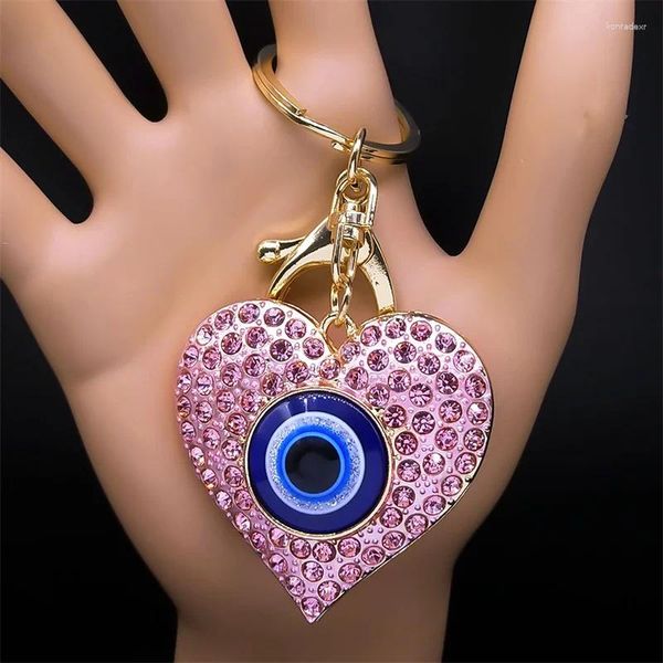 Schlüsselanhänger Glücksherz Türkisches blaues Auge Schlüsselanhänger für Frauen Männer Rosa Strass Griechische Augen Goldfarben Ring Schmuck Ojo Turco K9045S01