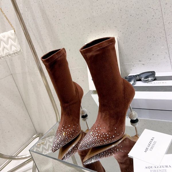 Aquazzura 105mm disko topu uçlu topuklu topuklu baldır süet rhinestone yüksek topuklu ayak bileği botları kadın patik lüks tasarımcılar slip-on akşam parti ayakkabı fabrika ayakkabı