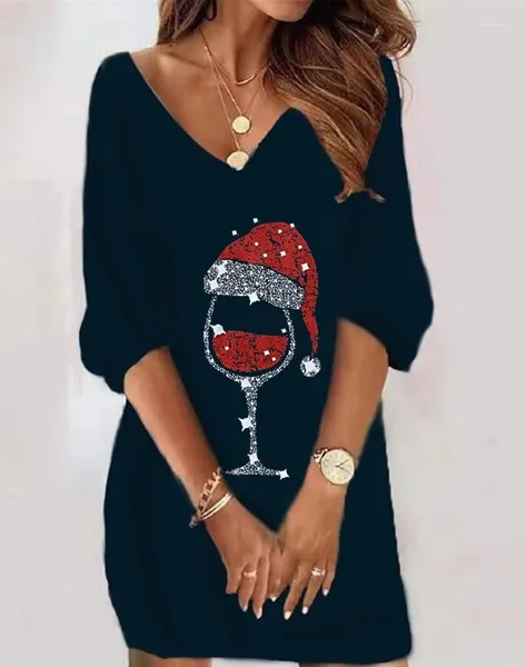 Abiti casual Stampa su bicchiere di vino di Natale Donna 2023 Primavera Moda Scollo a V Mezza manica Mini abito dritto quotidiano Abbigliamento da donna