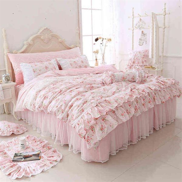 100% algodão floral impresso princesa conjunto de cama gêmeo rei rainha tamanho rosa meninas rendas plissado capa edredão colcha saia conjunto t22077