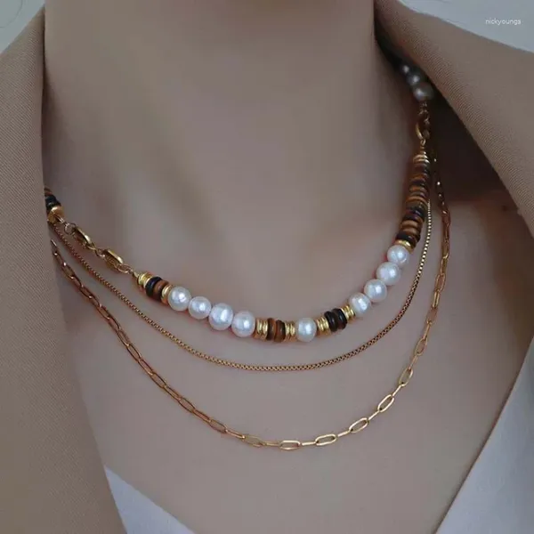 Choker Minar Chic Naturstein Tigerauge Süßwasserperlenstrang Perlenketten für Frauen Großhandel vergoldete Kettenhalsreifen