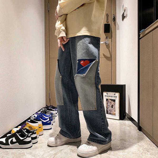 Calças masculinas Jeans folgados Y2K Men Staw Staed Cargo Pants Arma de rua Impressão de coração Patch reto Denim TRUSHERS MULHERES O GRANDES