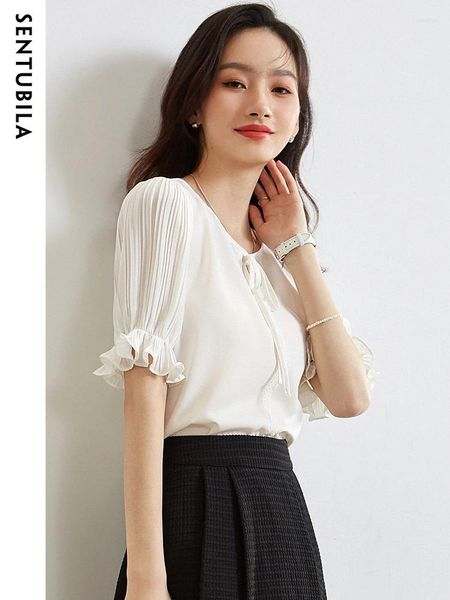 Blusas femininas sentubila elegante chiffon branco para mulher moda 2023 em linha reta rendas manga borboleta pulôver casual sólido