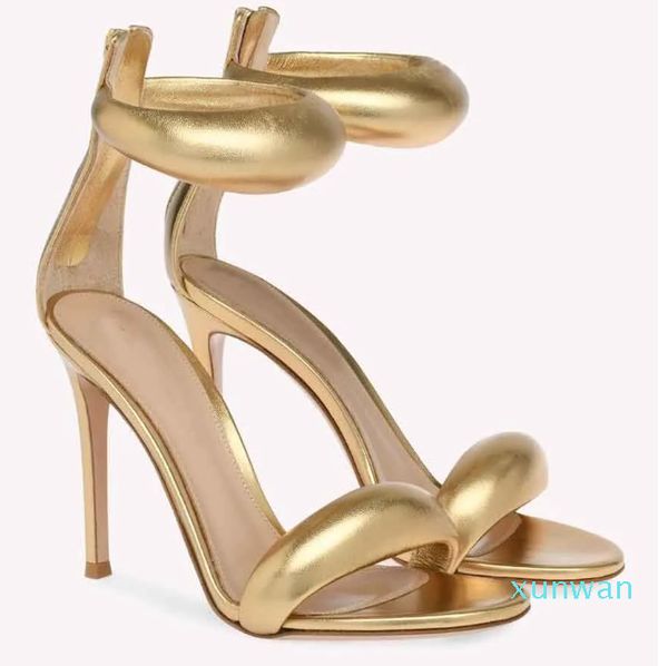 Lüks gianvitos bijoux sandalet ayakkabıları kadınlar rossis yastıklı kayışlar çıplak altın deri yüksek topuklu ayakkabılar logogravered fermuarlar seksi gladyatör sanalias