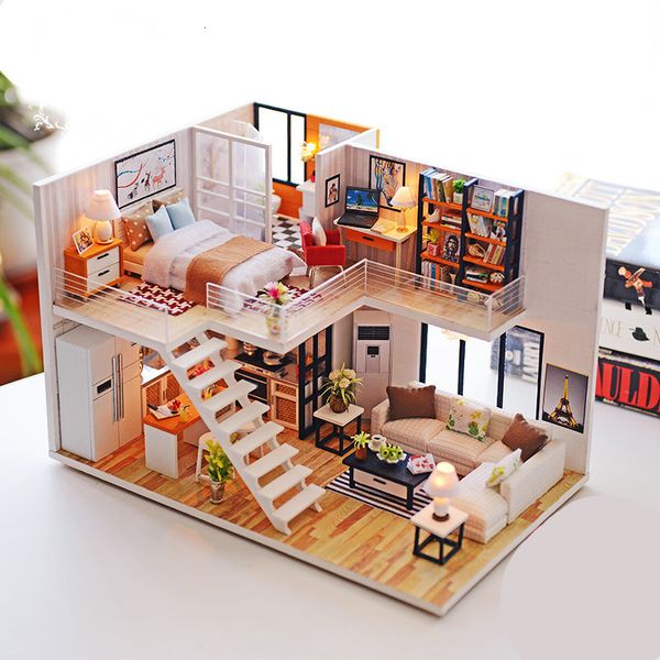 Acessórios para casa de boneca Assemble Diy Wooden House Dollouse Kit de madeira miniatura Doll Houses Miniature Dollhouse Toys com Móveis Luzes Led Lights Gream 230422