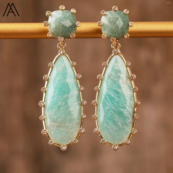 Dangle brincos de luxo longo feminino lágrima amazonita pedras preciosas parafuso prisioneiro elegante ousado festa casamento jóias presentes atacado