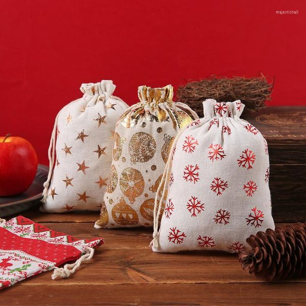 Takı Torbaları Toptan Pamuk Kumaş Hediye Çantası X-Mas Tema Depolama 10x14cm 13x18cm Drawstring Şeker Çantaları Mutlu Noeller