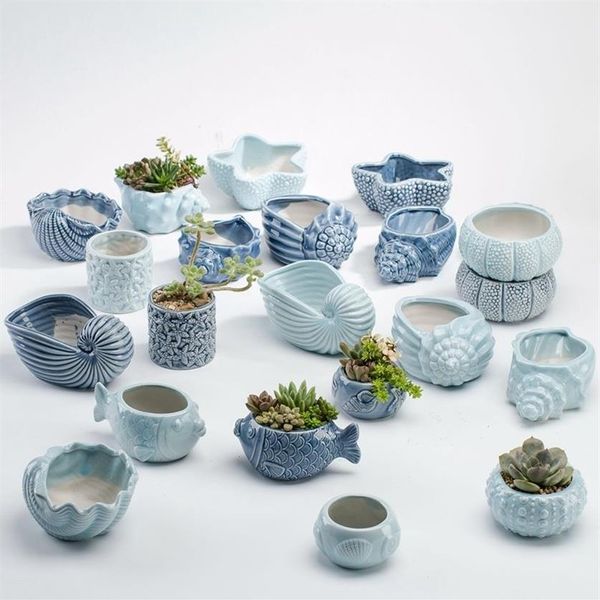 Vaso da fiori carnoso della serie Blue Ocean Vaso in stile europeo conchiglia a forma di pesce in ceramica Bonsai per piante Fioriera per piante grasse per desktop Q196v