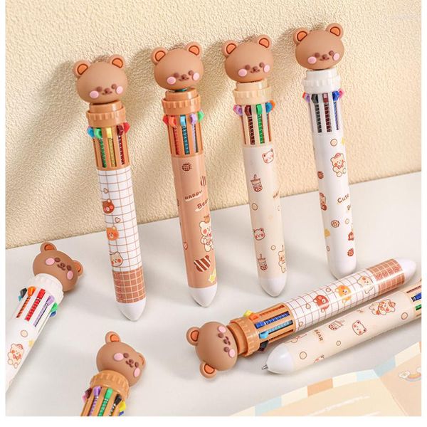 Cartoon Ten-Color Ballpoint Pen Bear Многоцветная подписание шар Симпатичный канцелярские товары поставляется с шариковыми студентами