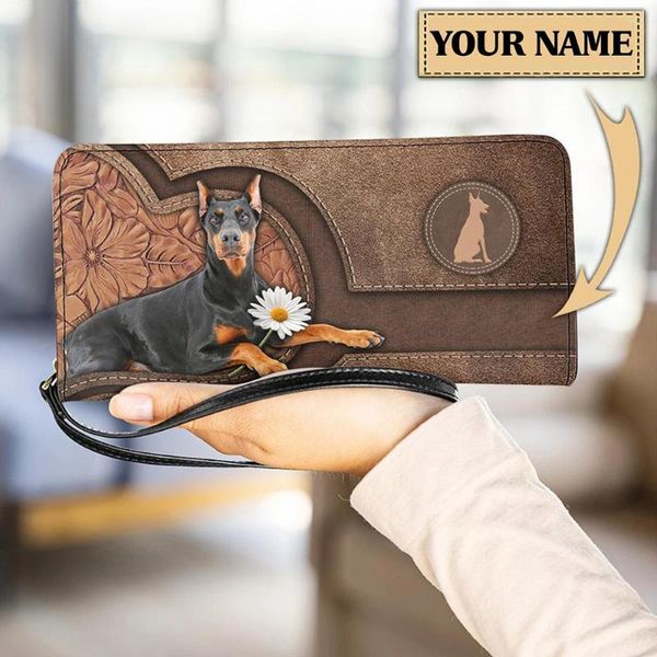 Carteiras para mulheres fofas doberman cachorro animal estampestim citante de couro de moda feminina longa moeda bolsa de pulseira mUjer