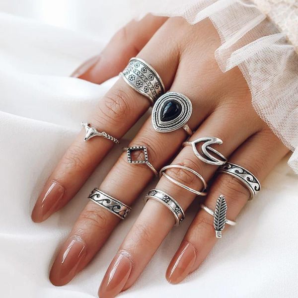 Кольца кластера, модные ретро-украшения, европейская и американская личность, кольцо с черным драгоценным камнем, простое выдолбленное кольцо