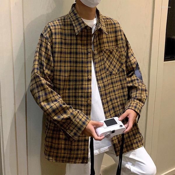 Camicie casual da uomo TFETTERS Plaid per uomo 2023 Autunno Manica lunga Lettera Allentato Uomo Coreano Abbigliamento streetwear Adolescenti