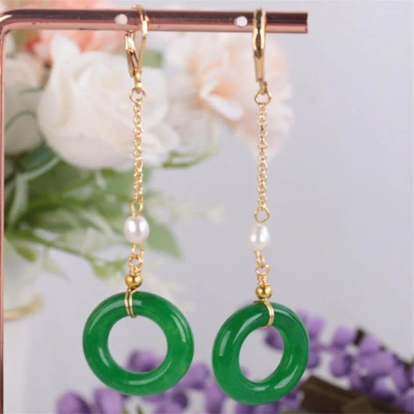 Brincos pendurados anel de jade verde natural 18kgp corrente ms presente sorte páscoa dia da tola feminino presentes de feriado carnaval água doce