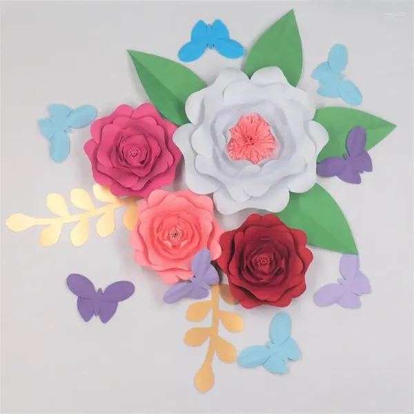 Fiori decorativi 2023 Set di 4 grandi carte 6 foglie 8 farfalle Sfondo matrimonio Baby Shower Nursery Bridal Deco Mix Dimensioni