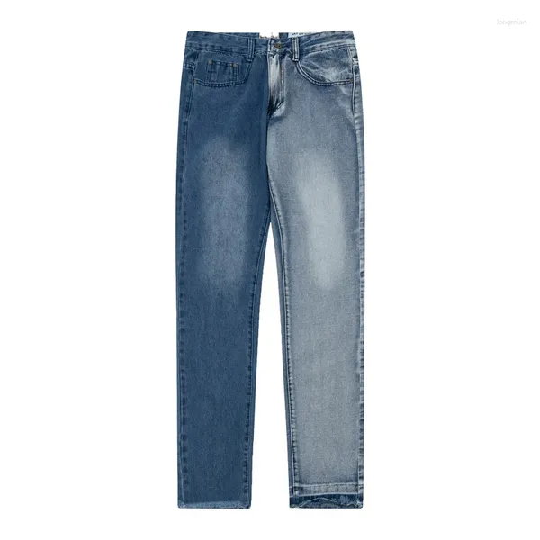 Calças de brim masculinas contraste cor rasgado buraco pantalones hombre baggy denim calças unissex desgastado em linha reta y2k lápis calças de grandes dimensões