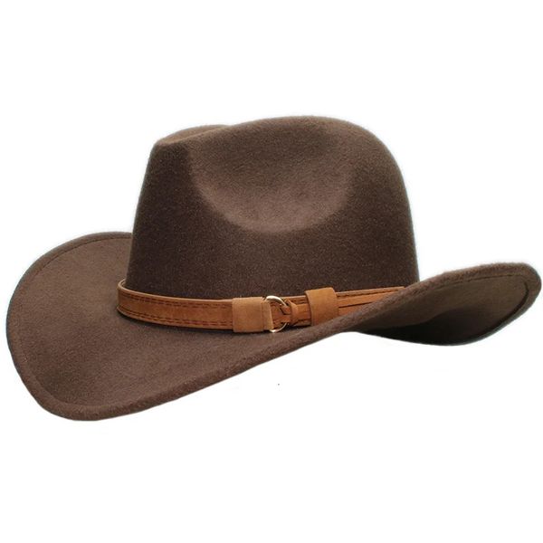 Ampla borda chapéus balde chapéus vintage pai-filho mulheres homens criança criança lã larga borda cowboy ocidental chapéu cowgirl bowler boné camelo banda de couro 54-57-61cm 231122