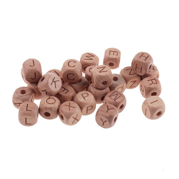 Baby dentes brinquedos 100pcs dentes de bebê miçangas de 12 mm de letra de faia de faia de chupeta letras de cadeia de brinquedos de madeira -chupeta de presentes nascidos personalizados 230422