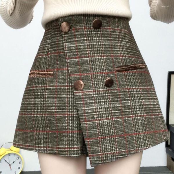 Pantaloncini da donna Minigonne con bottoni in lana a vita alta Autunno Inverno Donna Plaid in lana da donna a gamba larga