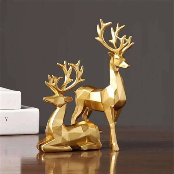 Figurina di renna natalizia Nordica 2 PC Resina geometrica seduta statua di cervo Elk per la decorazione dell'ufficio Home Office HE 211108218T