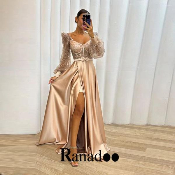 Vestidos de festa ranadoo graduação sparkly lantejoulas vestidos de noite para mulheres querida mangas puff alta divisão uma linha cetim personalizado